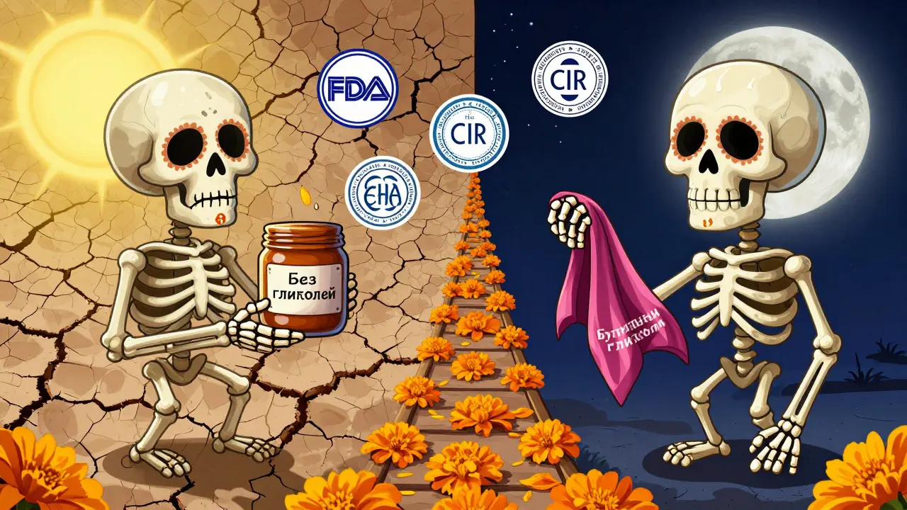 Сравнение сухой и увлажнённой кожи: слева — сухая, справа — сияющая, между ними мост из ноготков, символизирующий выбор.