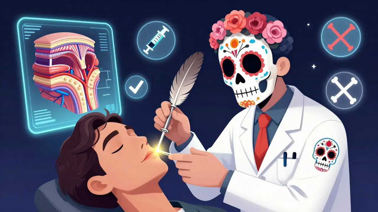 Врач вводит филлер в центр верхней губы, вокруг — голографические анатомические слои и символы безопасности в стиле Дня мертвых.