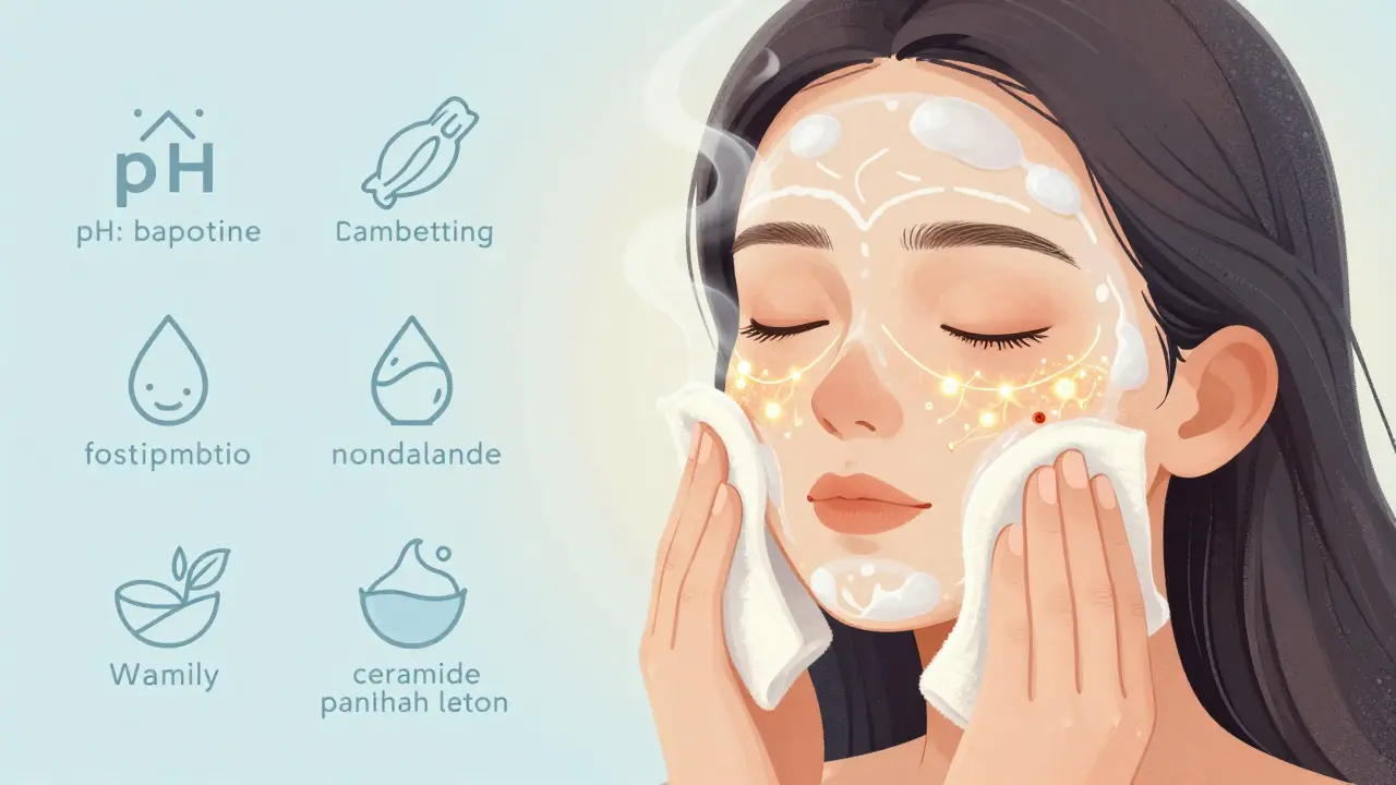 Женщина аккуратно промокает лицо мягкой салфеткой с прохладной водой, без пенящихся средств.