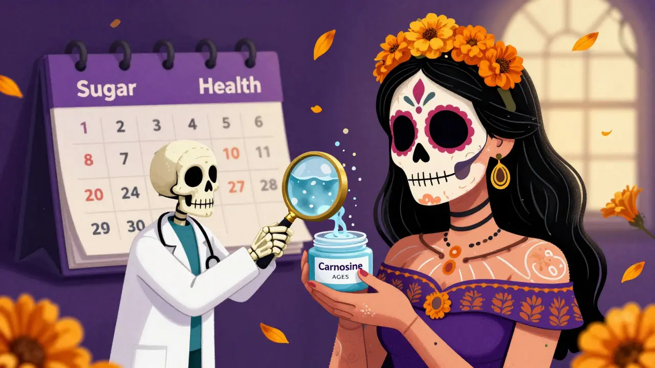 Женщина наносит крем с карнозином, а скелет-врач наблюдает, как AGEs растворяются, в стиле Дня мертвых с цветами и календарем.