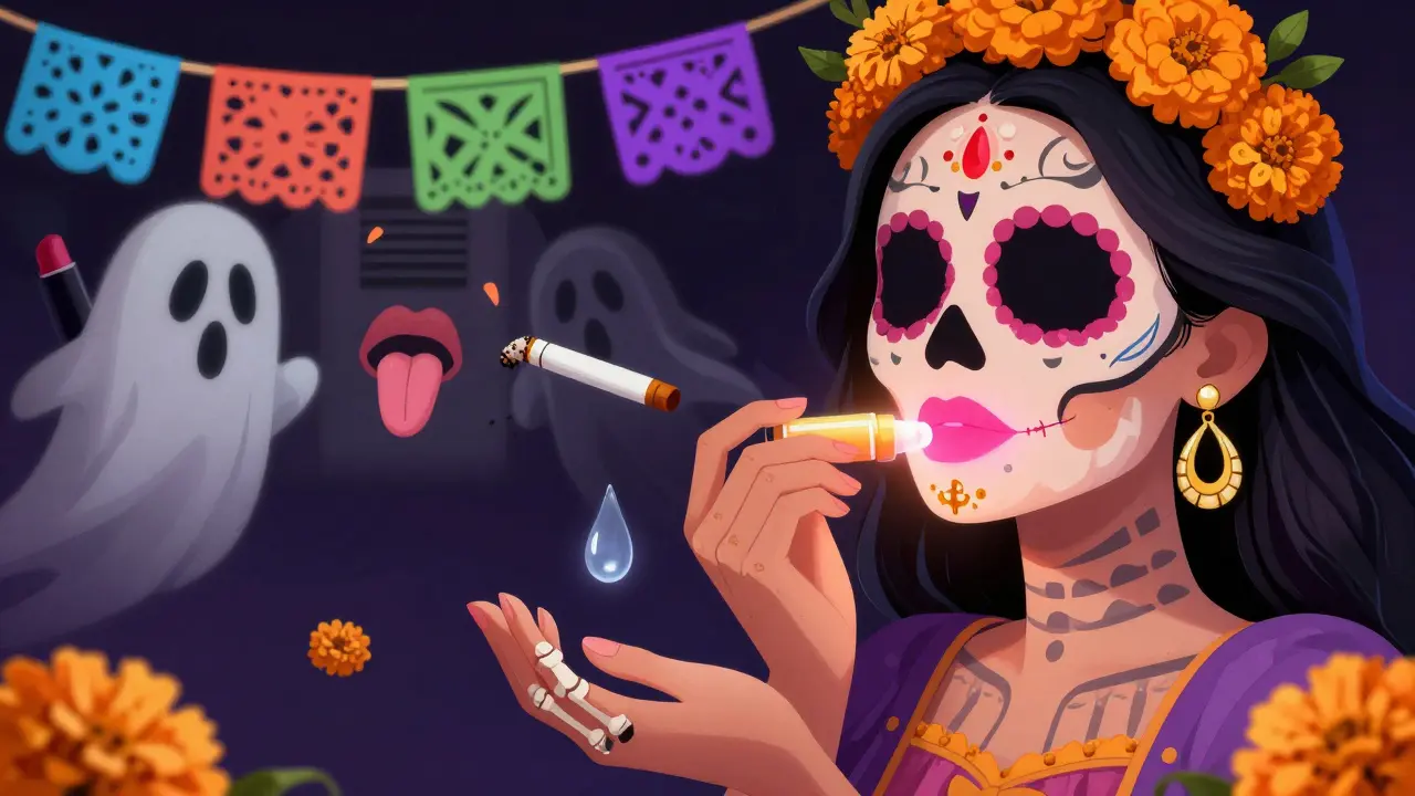 Женщина наносит увлажняющий бальзам, а прошлые ошибки растворяются в цветах.