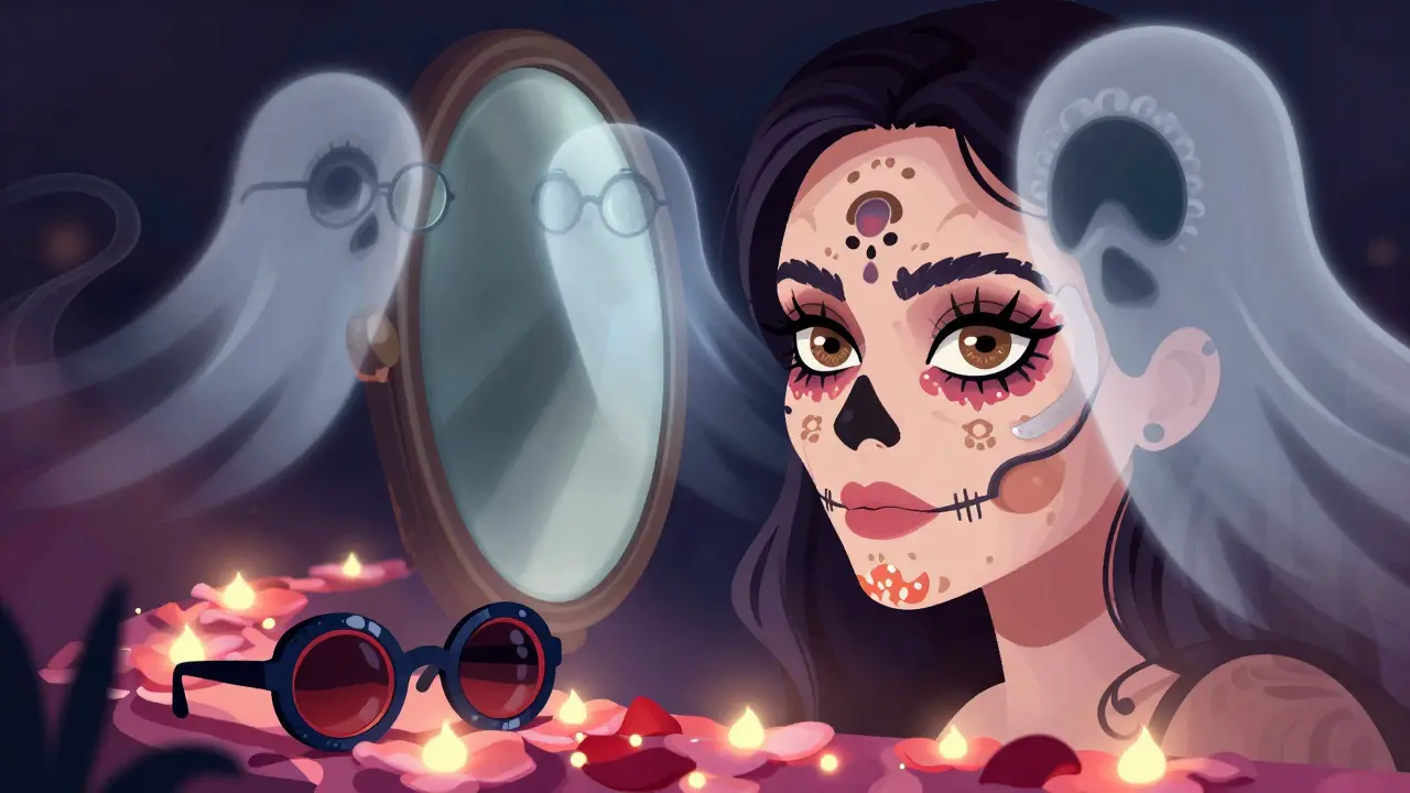 Женщина смотрит в зеркало, над её глазами — прозрачные искажённые образы через очки, вокруг — цветы и черепа.