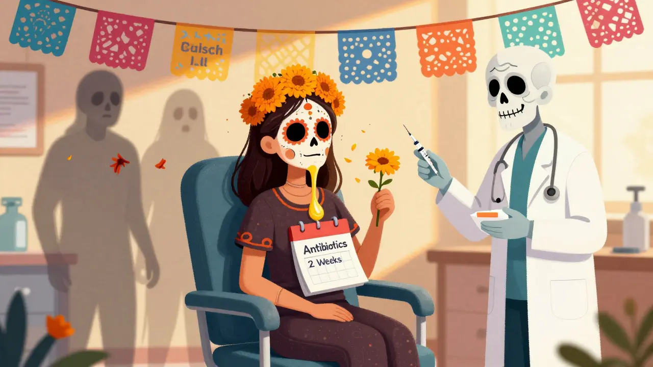 Женщина в клинике, вокруг неё тают часы в бархатных бархатных лепестках, за ней исчезают призраки осложнений, в стиле Дня мёртвых.