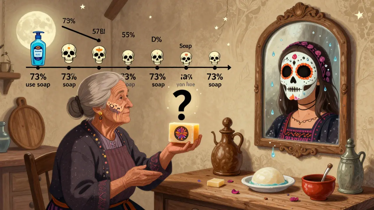 Бабушка с мылом в кухне, в зеркале — её молодая версия с маской из цветов, вокруг — статистика и растущие бутылки гелей.