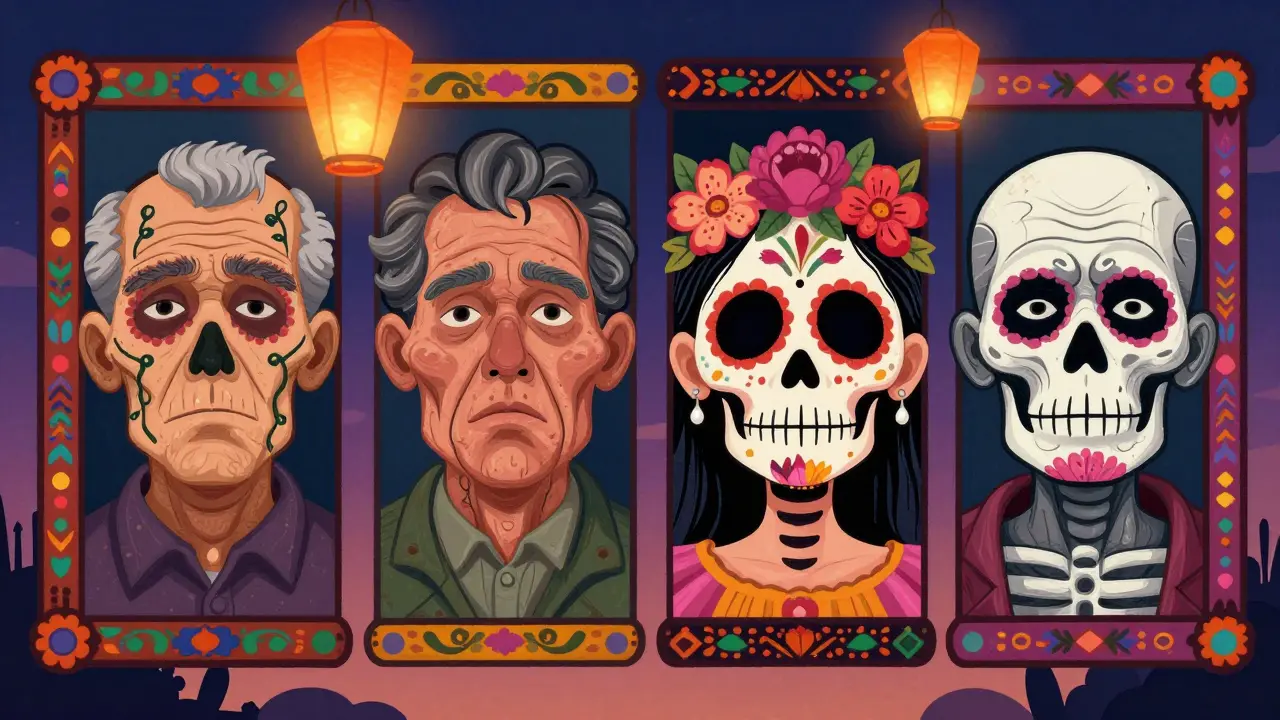 Четыре скелетных портрета разных типов старения кожи, оформленные в стиле алембрихе и Дня мёртвых.