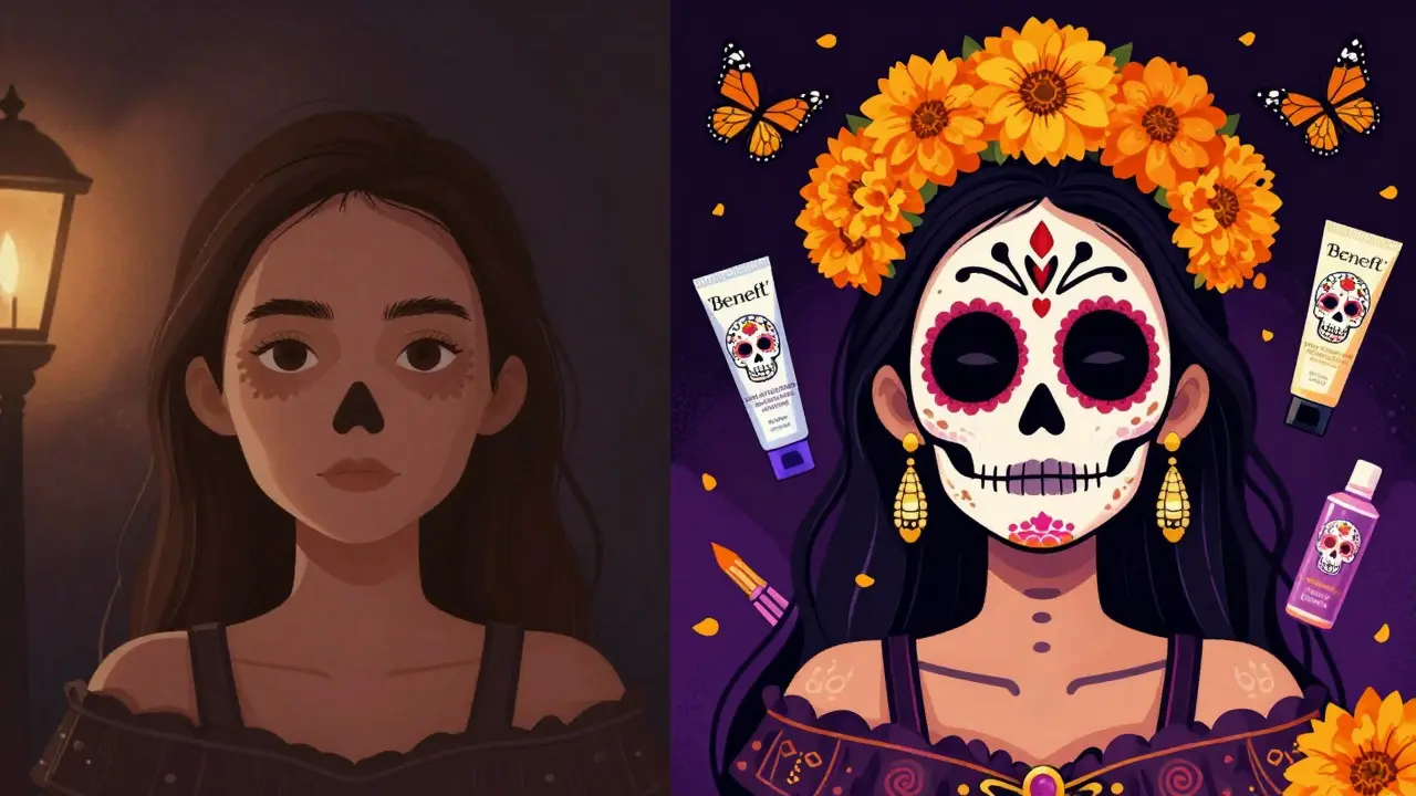 До и после бровей: от тусклых до ярких, украшенных мотивами Дня мёртвых.