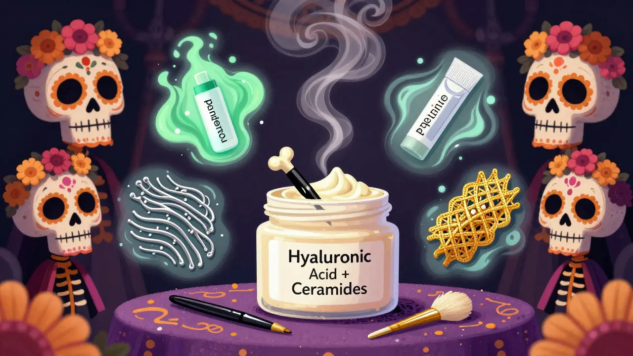 Крошечный мастер создаёт крем с гиалуроновой кислотой и церамидами на алтаре с ингредиентами в виде духов.