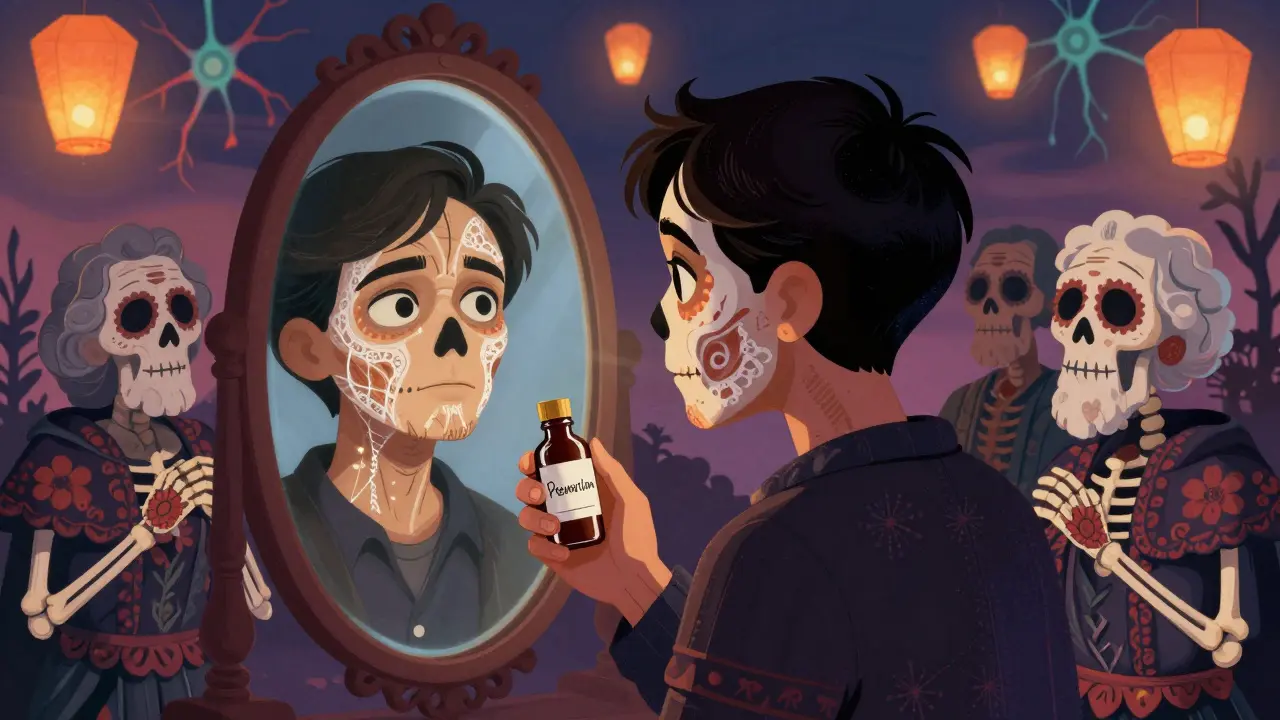 Молодой человек смотрит в зеркало, где его мышцы светятся нитями, а предки одобряют — стилизовано в стиле Дня мёртвых.