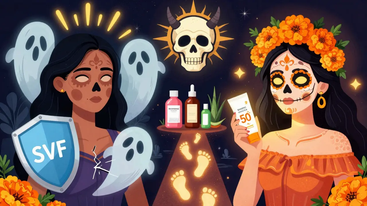 Разделённая сцена: слева — тёмные пятна и разрушенная защита, справа — сияющая кожа с кремом SPF, между ними путь к восстановлению.