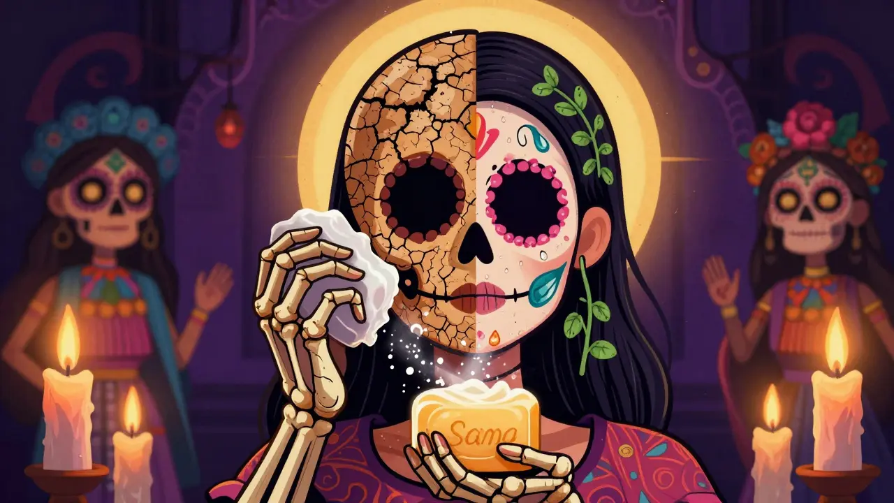 Разделённое лицо: одна сторона сухая и треснутая от мыла, другая — увлажнённая и сияющая от правильного очищения.