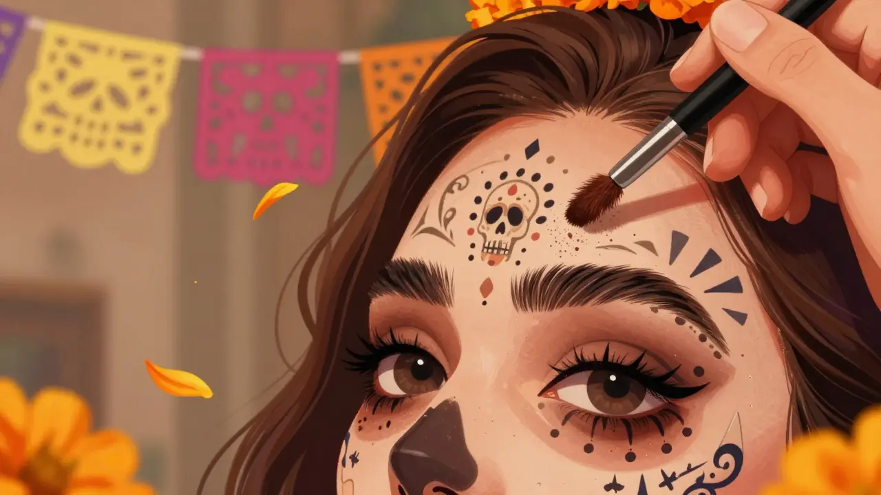 Рука наносит гель для бровей, пигмент превращается в крошечные черепа.