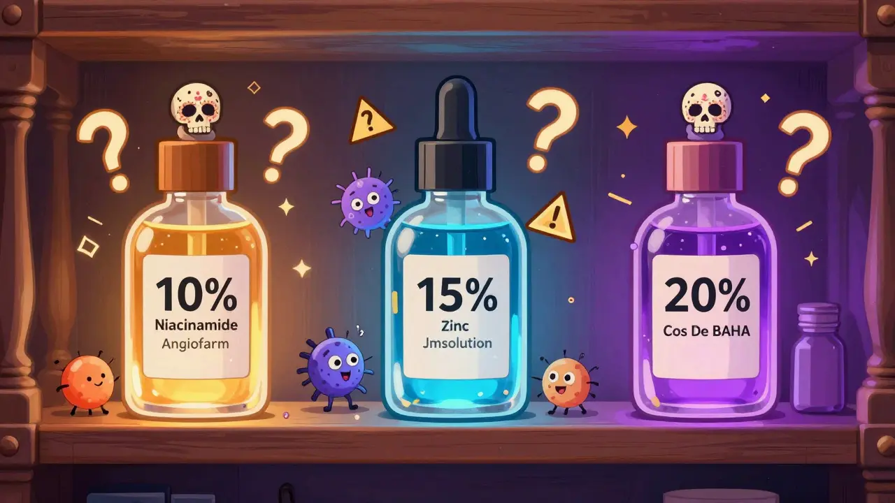 Три волшебные сыворотки с ниацинамидом на полке, каждая с разной концентрацией и цветовым сиянием, рядом — предупреждающие знаки.
