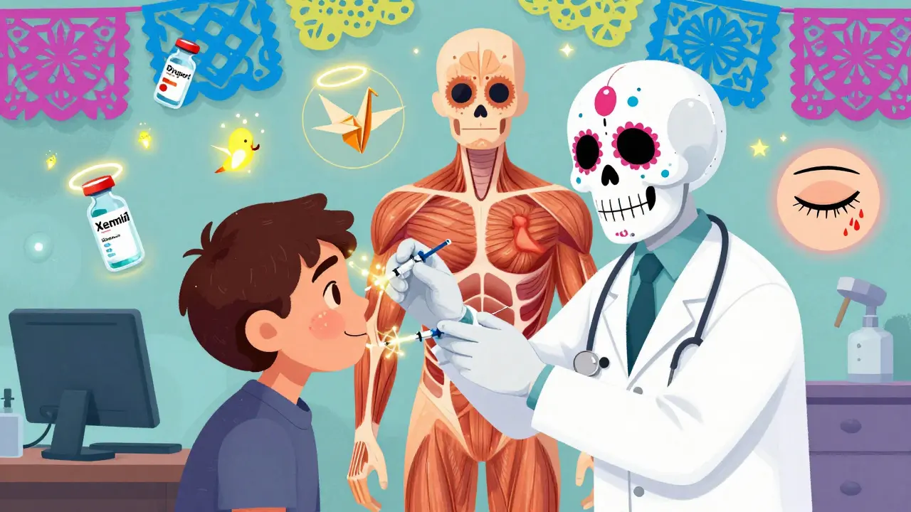 Врач в маске скелета вводит инъекции, вокруг — летающие флаконы и анимированные мышцы в стиле Дня мёртвых.