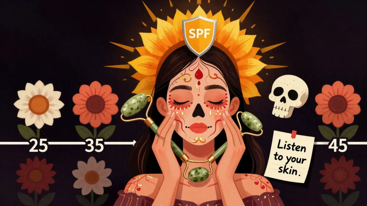 Женщина делает массаж лица, а под кожей светятся живые кровеносные сосуды, над ней — щит в виде подсолнуха против солнца.