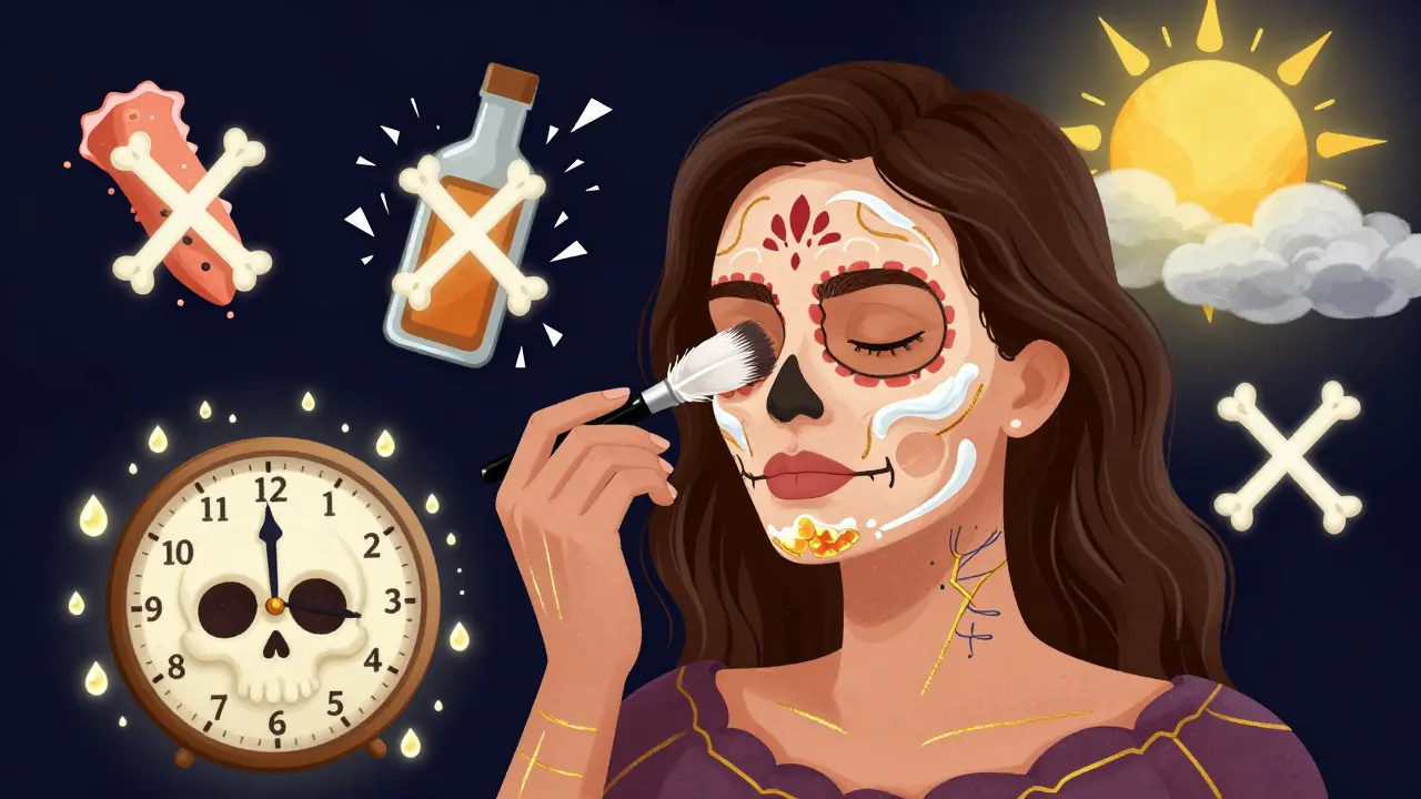 Женщина наносит крем на лицо, где видны золотые швы заживления, вокруг — запрещённые действия, отмеченные костяными крестами.