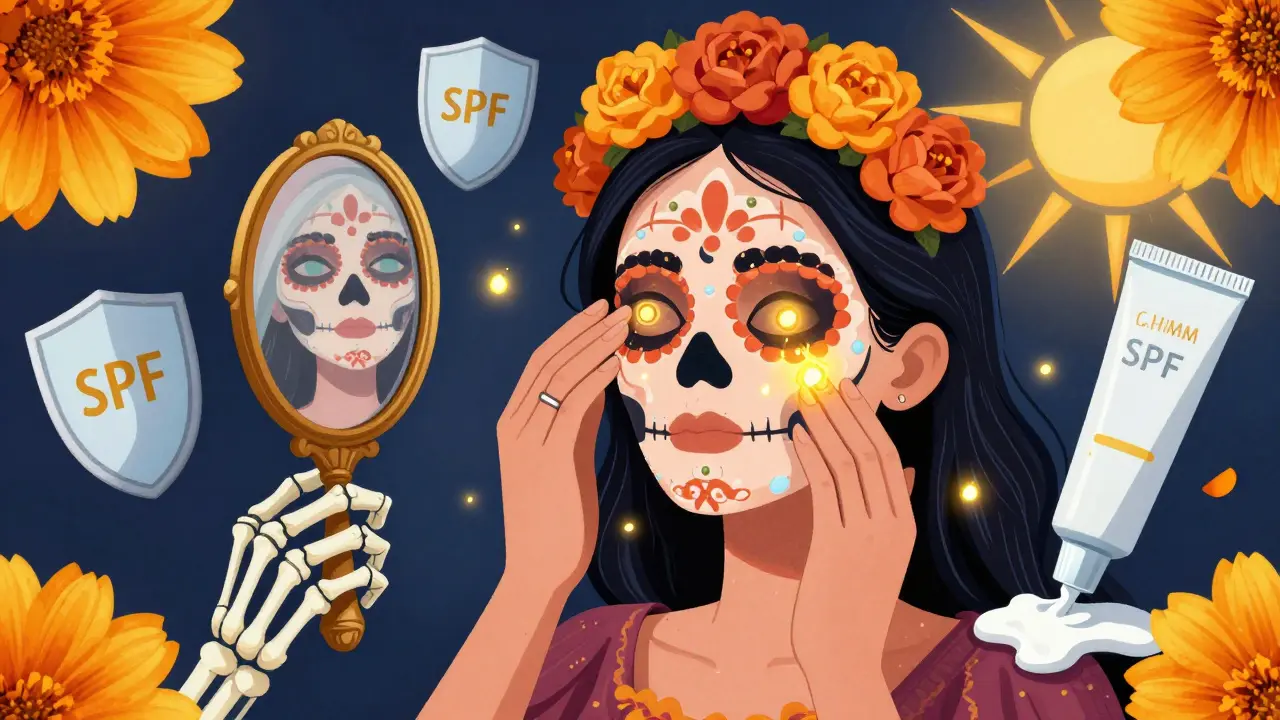 Женщина наносит крем под глаза, а крошечные капсулы гиалуроновой кислоты как светлячки входят в кожу.