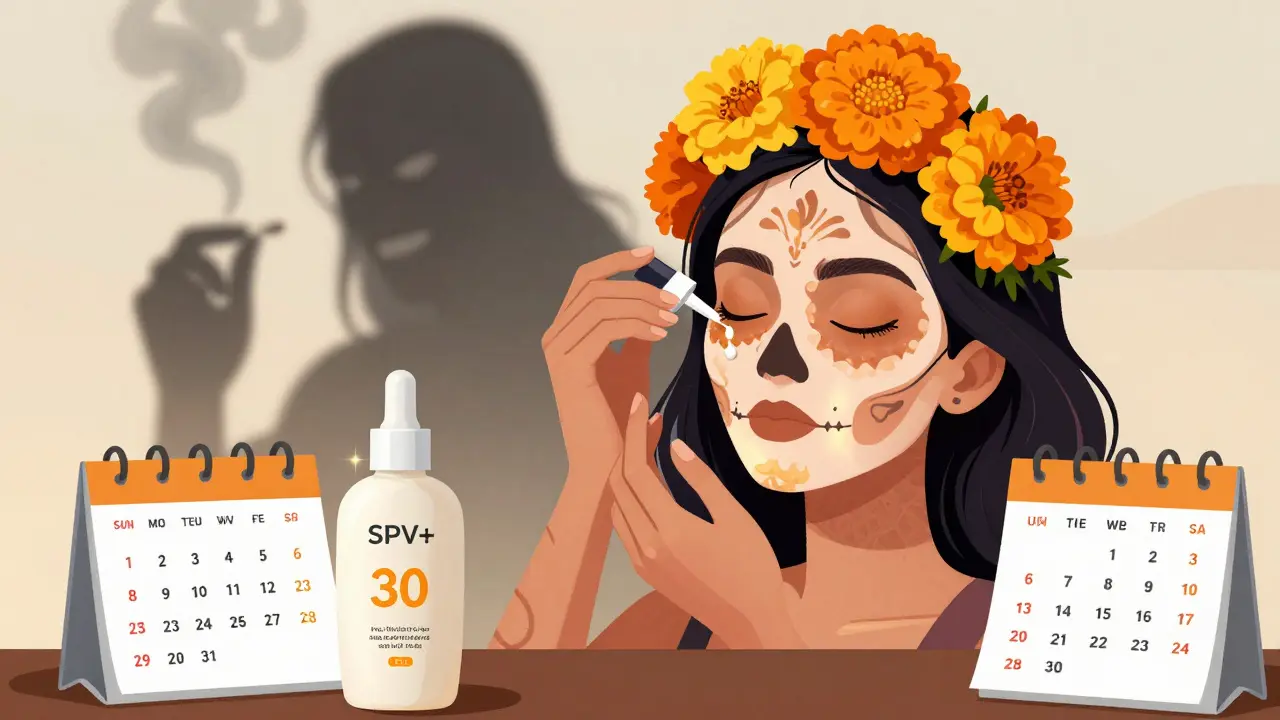 Женщина наносит сыворотку, её лицо преображается: шрамы прыщей заменены цветами, а агрессивные средства тают в дыму.