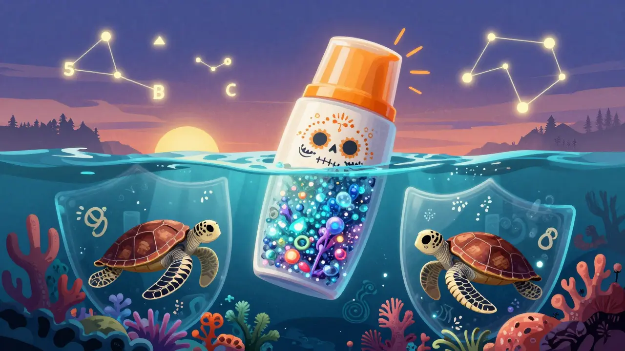 Бутылочка солнцезащиты над океаном, защищающая кораллы, с минеральными и химическими фильтрами, в стиле Дня мёртвых с черепахами и светящимися символами.