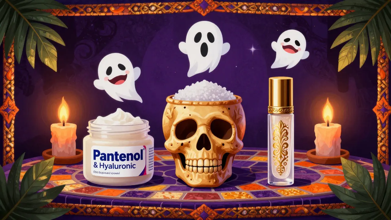 Церемониальный алтарь с бальзамом, скрабом и праймером в декоративных сосудах под свечами.