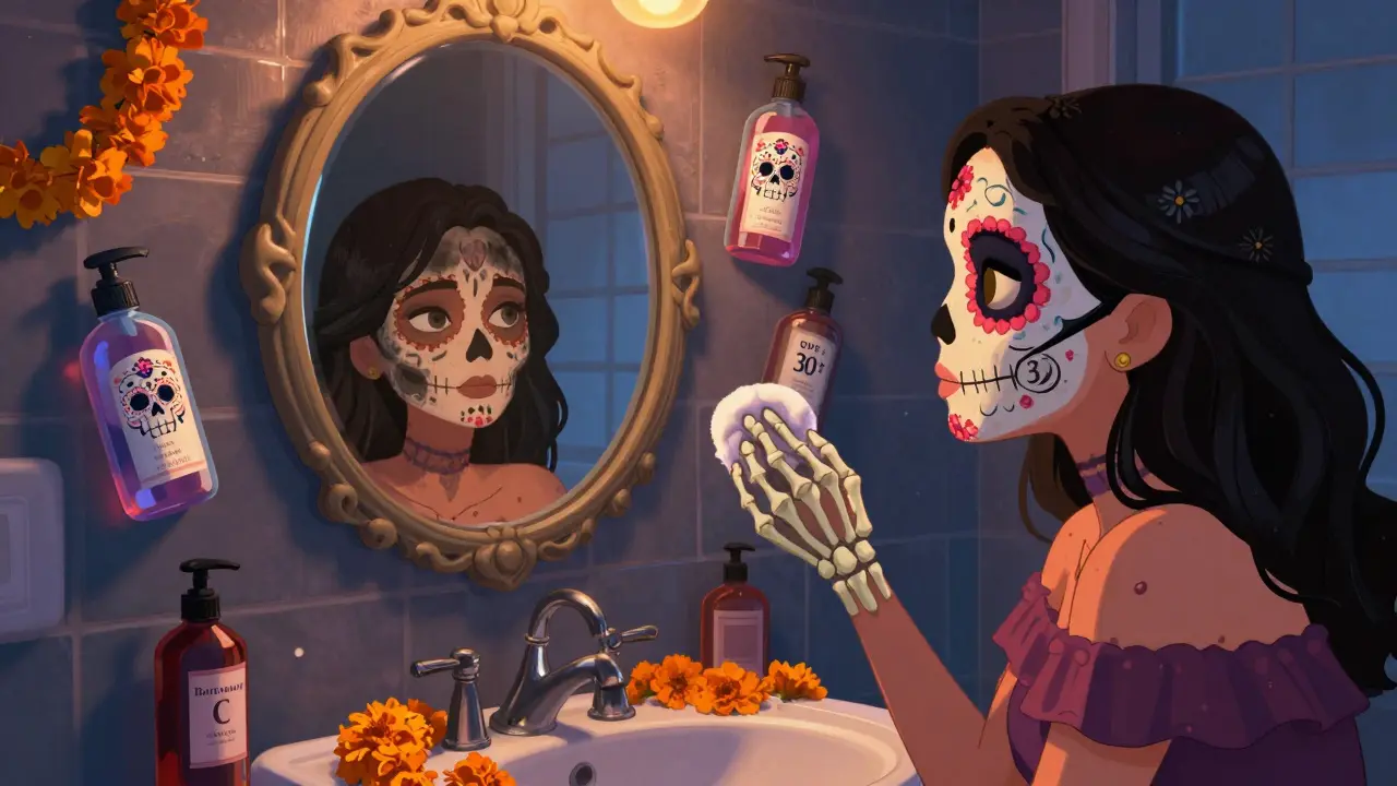 Череп-зеркало, отражающее превращение кожи через неделю ухода, с флаконами в стиле Дня мертвых.
