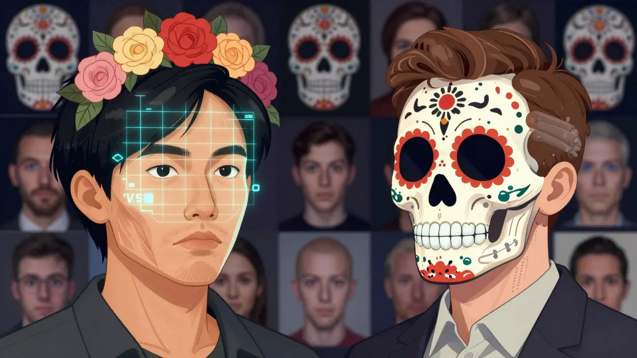 Два лица — азиатское и славянское — в стиле Дня мёртвых, рядом с цифровыми схемами и цветочными узорами, символизирующими разные подходы.