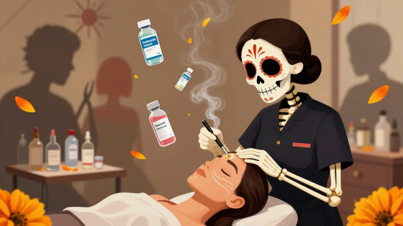 Косметолог-скелет проводит чистку лица, вокруг — лекарства и лепестки ноготков в стиле Дня мертвых.