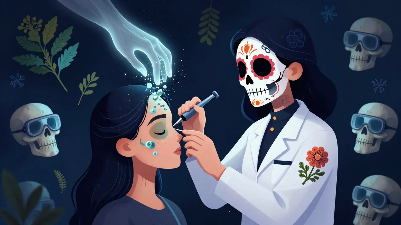 Косметолог вводит инъекцию, а кожа превращается в сияющие частицы, окружённая символами пилингов в стиле Дня мертвых.