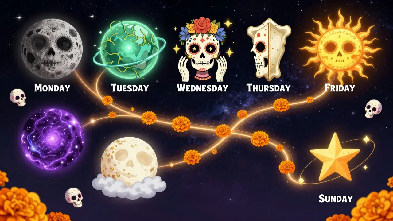 Космический календарь ухода за кожей, где каждый день — небесное тело, окруженное костяными узорами и мариголдами.