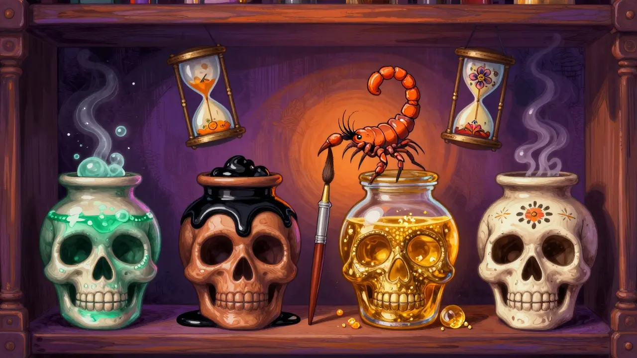 Полка с черепами-банками, наполненными маслами, щеточка касается спящей ресницы.