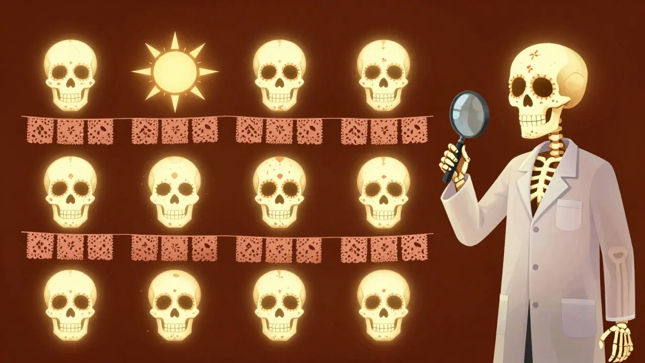 Путь подготовки кожи к чистке, изображенный как тропа из светящихся черепов и украшений.