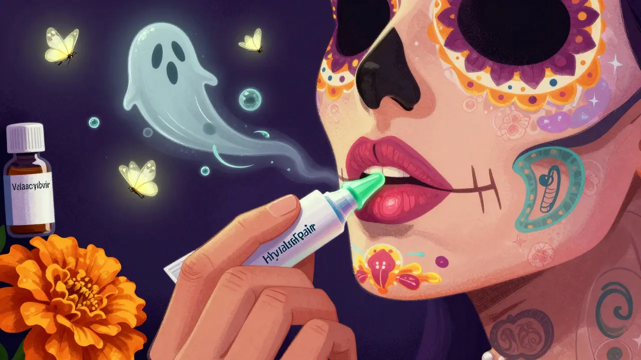 Рука наносит гель на губы, а герпесные пузырьки растворяются в виде огненных бабочек, рядом лежит таблетка валацикловира.