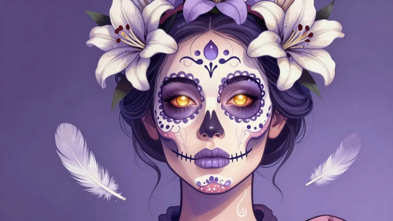 Славянское лицо с высокими скулами, украшенное костяными узорами и лилиями в стиле Дня мёртвых, с мягким восстановлением объёма.