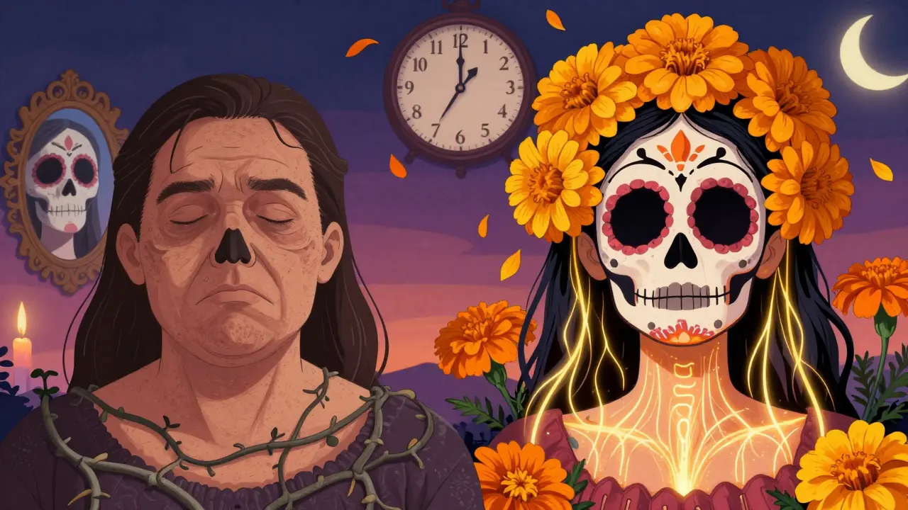 Сравнение до и после: вялая кожа с увядающими лозами и подтянутая с цветами и золотыми нитями.