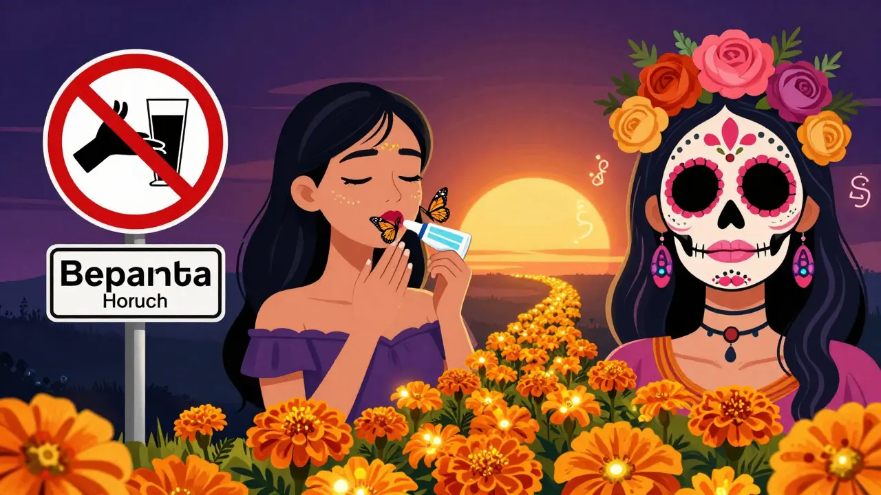 Трехчастная иллюстрация восстановления губ: запреты, уход и выздоровление, украшенная скелетами и маригольдами в стиле Дня мертвых.