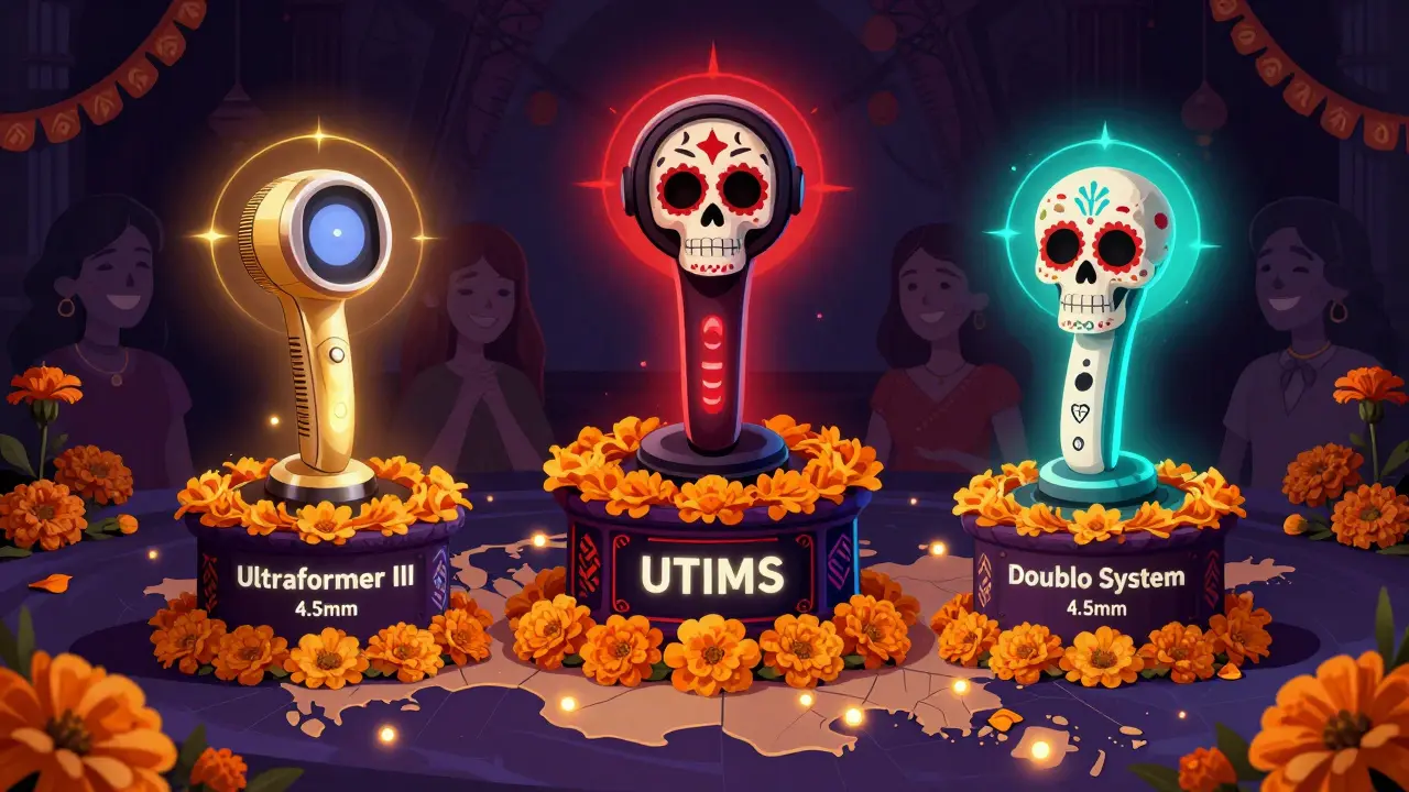 Три аппарата SMAS-лифтинга как алтари с черепами и маргаритками на карте России.