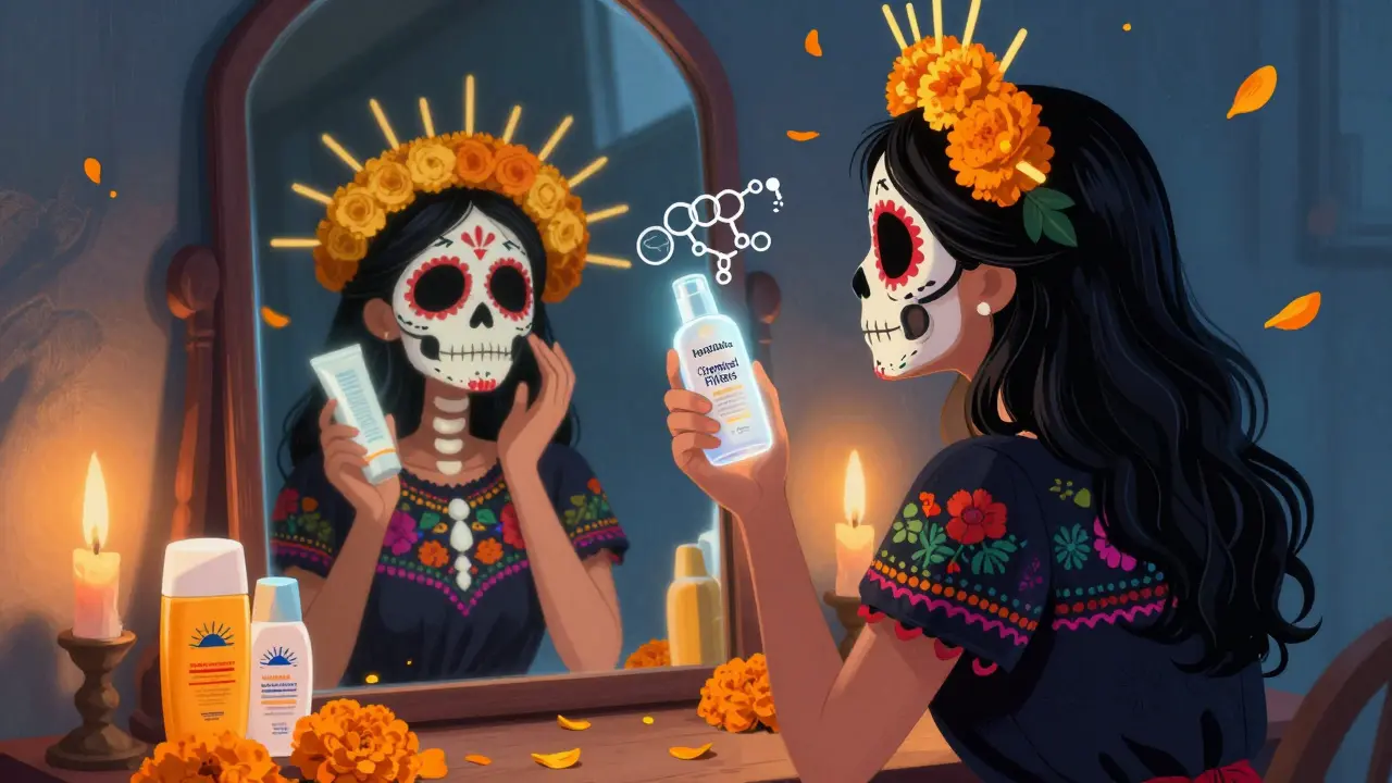 Женщина наносит солнцезащиту, её отражение в зеркале — скелет в солнечной шляпе, вокруг — символы Дня мёртвых и бутылочки SPF.
