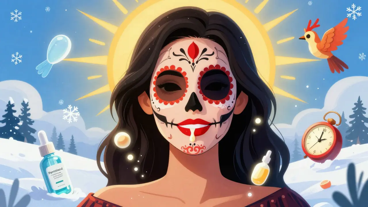 Женщина с идеальными губами, лицо наполовину в стиле Дня мёртвых, за спиной — зима и лето.