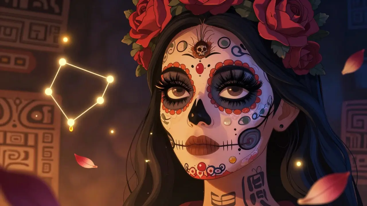 Женщина с половиной лица в стиле алебрихе, ресницы растут из розовых стеблей.