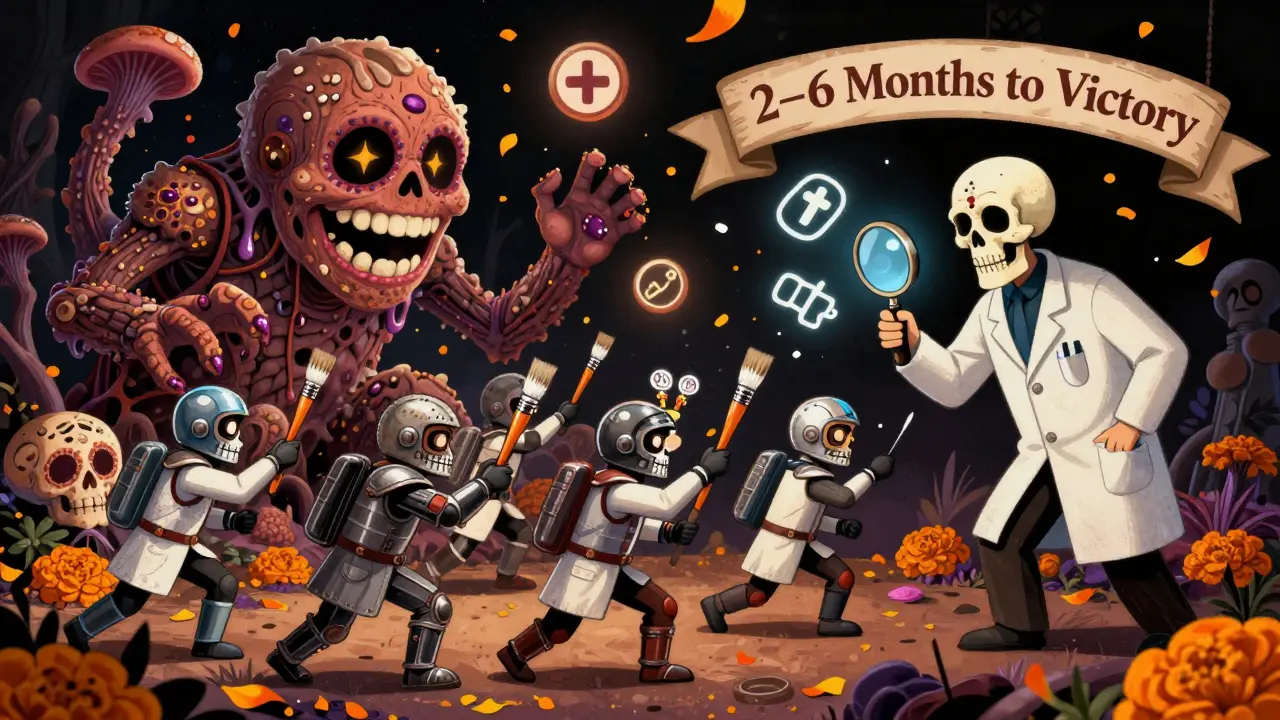 Битва на скальпе: воины с лекарствами сражаются с грибком, врач-скелет наблюдает, вокруг — цветы и символы лечения.