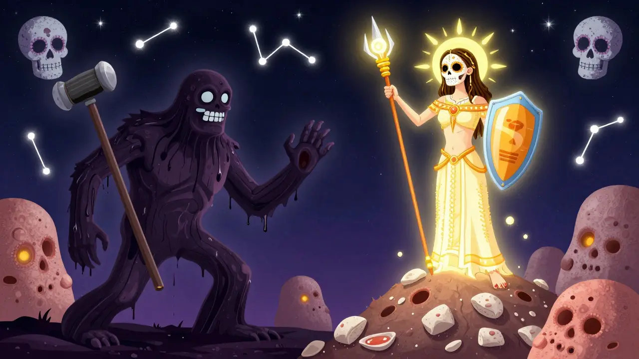 Битва тени забитых пор и воина из пептидов, поры сужаются под солнцезащитным щитом, на фоне черепов-звездах.