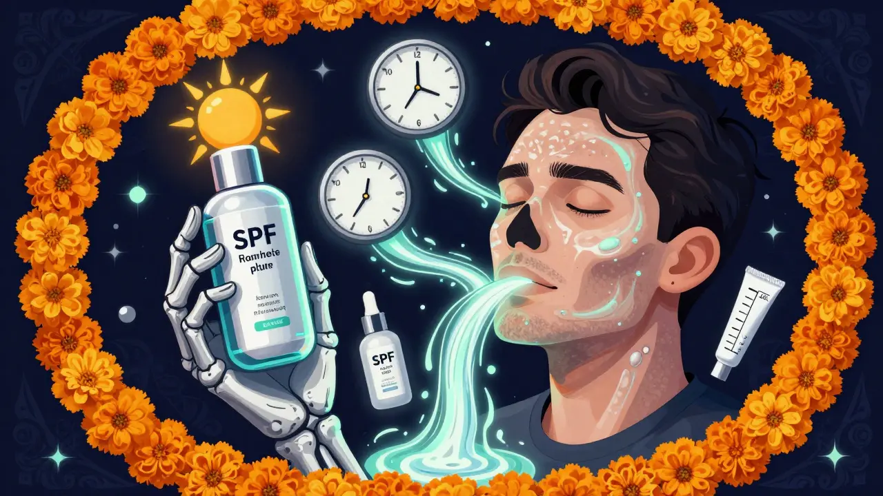 Бутылка в виде скелета выливает ингредиенты на лицо мужчины, фон с цветами и часами в стиле Дня мёртвых.