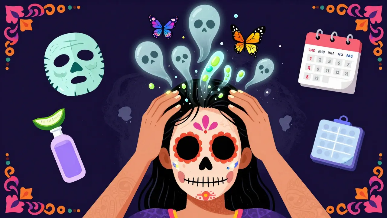 Человек массирует голову, из волос поднимаются бабочки здоровой кожи, а мертвые чешуйки падают вниз.