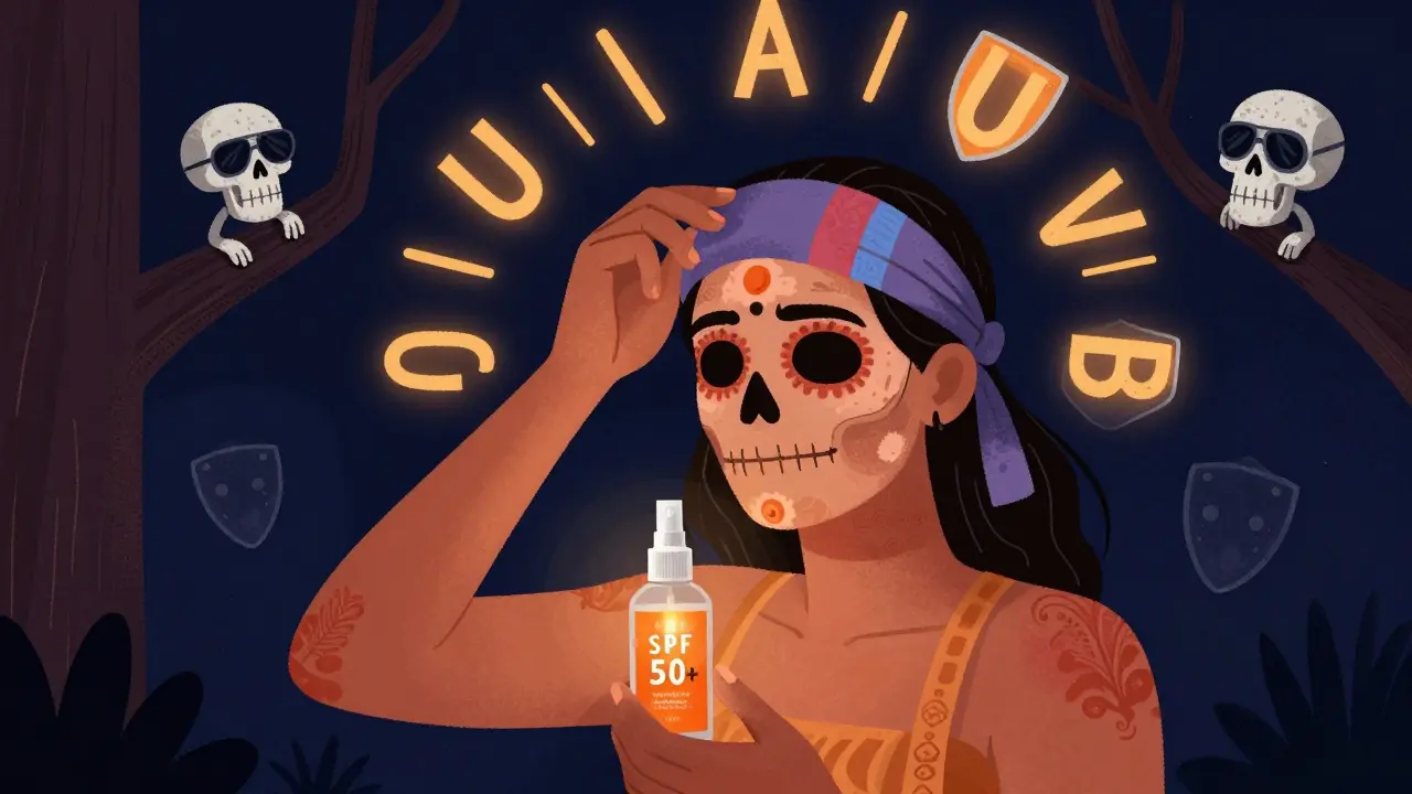 Человек снимает солнцезащитную повязку, рядом — спрей и символы защиты УФ-лучей в мексиканском фольклорном стиле.
