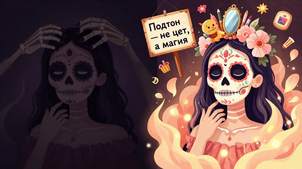 До и после: тени превращаются в цветы, а скелетные руки отпускают кожу в стиле Дня мёртвых.