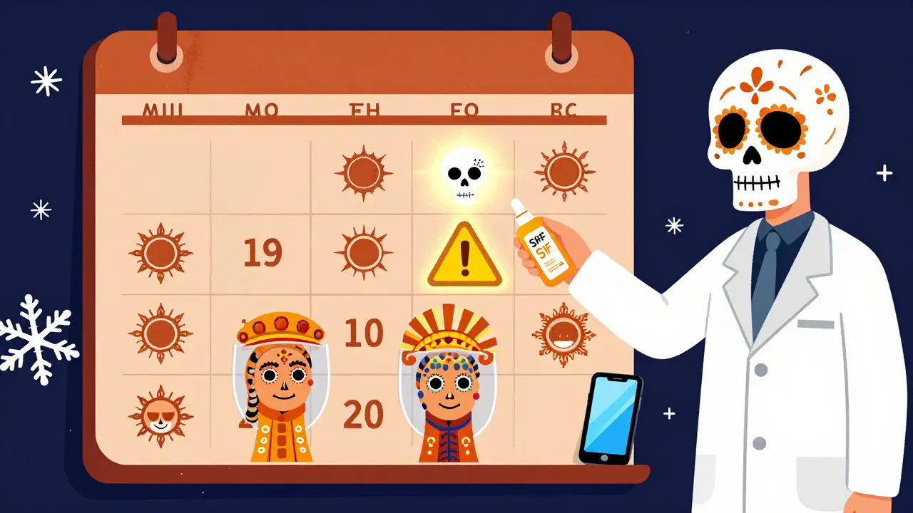 Календарь с днями защиты от солнца, один день сломан, рядом — зимний снег и синий свет экрана.