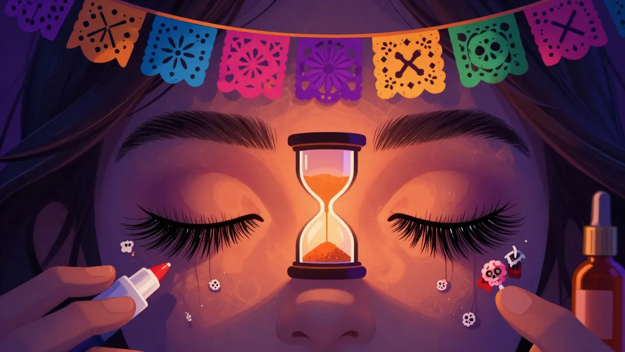 Контраст: натуральные и накладные ресницы, украшенные скелетами и цветами в стиле Дня мертвых.