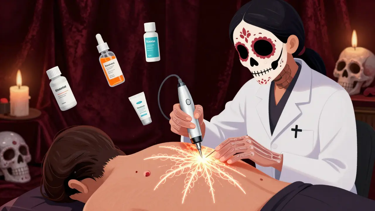 Косметолог использует устройство для микронидлинга, вокруг — светящиеся волокна и символы Дня мёртвых.