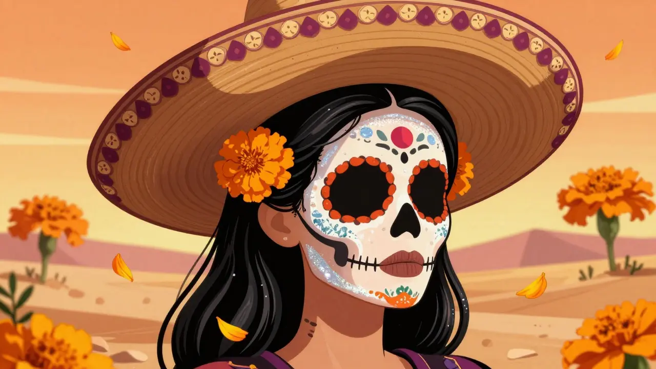 Кожа головы с яркими проборами, покрытыми сияющим SPF, с цветами и костяными узорами в стиле Дня мёртвых.