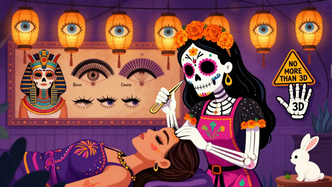 Мастер наносит ресницы под фонарями-глазами, за спиной — мурал с эволюцией стилей и предупреждением о нагрузке.