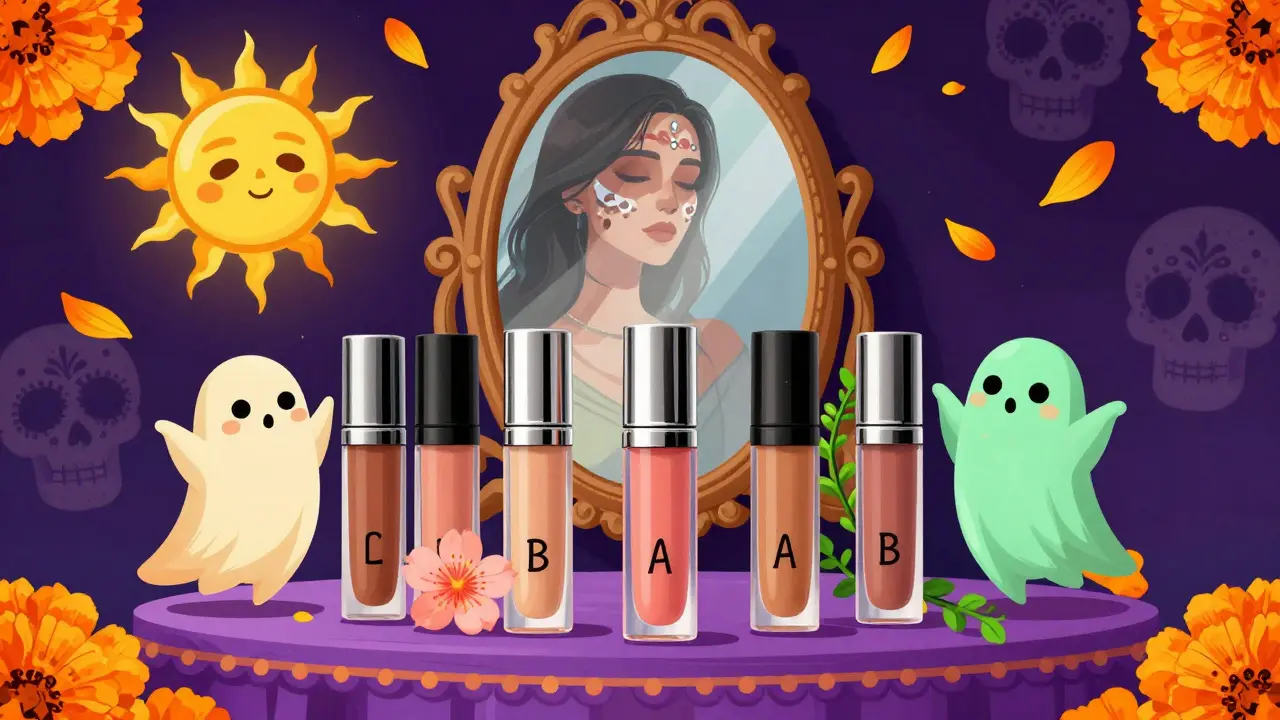 Палитра консилеров как алтарные предложения в стиле Дня мёртвых, с духами-цветами и черепами.